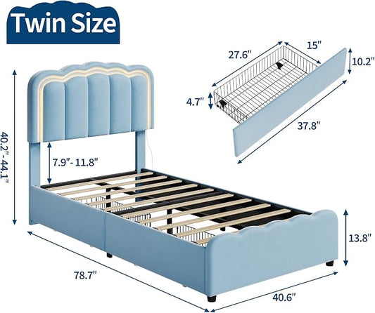 Garvee Twin Size Bed Frame with 2 Storage Drawers and LED Lights, Upholstered Platform Twin Bed with Adjustable Headboard, Wooden Slats Support, No Box Spring Needed, Easy Assembly, Blue