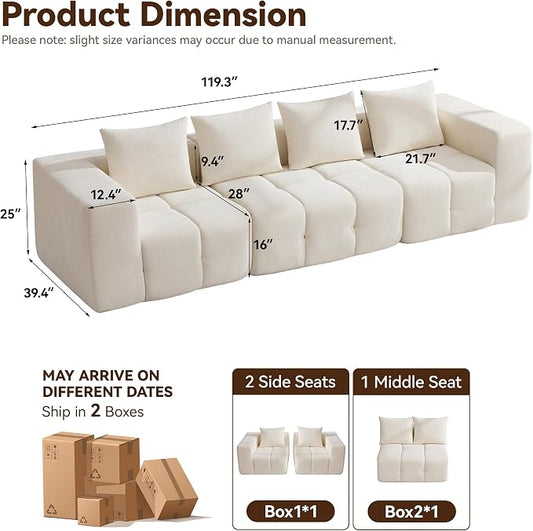 119" Oversized 3 Seater Boneless Couch, Comfy Cloud Modular Sectional Sofa with Deep Seat, Modern Memory Foam Boneless Couches for Living Room, Tufted Sofa, No Assembly Required, Beige