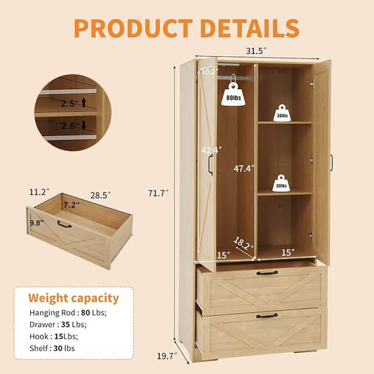 72" Wardrobe Closet with Mirror, Bedroom Armoire with Drawers, Hanging Rod and LED Light, Farmhouse Wooden Clothes Storage Cabinet for Bedroom, Guest Room, Apartment,Natural