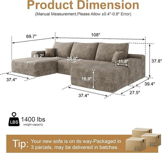 108" Sectional Couches for Living Room Modern Modular Sofa with L-Shape Couchs Upholstered Boneless Couch Deep Seat Sectional Couch with Chaise (Camel, 108"Left facing chaise+2Seaters+1Ottoman)