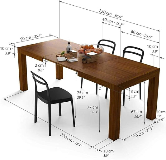 Mobili Fiver, Iacopo Extendable Dining Table, 55.1(86.6) x35.4 in, Walnut, for 6-10 People, Expandable Dining Table for Kitchen, Living Room, Italian Furniture