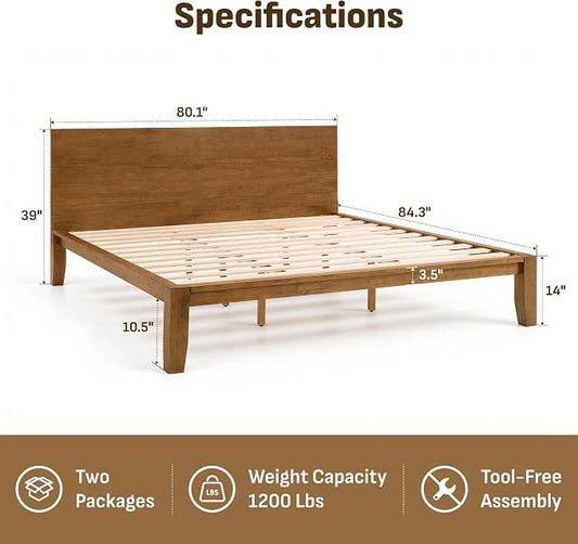 Softa Mikor King Japanese Joinery Bed Frame with Headboard, Solid Rubberwood, 1500 Lbs Heavy Duty Slats Support, SGS Certified, No-Tool Setup, Hidden Storage, USB-A/C Port, No Box Spring Needed