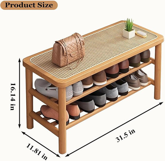 SOBIBO Bamboo Shoe Rack Bench with Rattan Seat, 3-Tier Shoe Storage Bench, Entryway Bench for Hallway,Nature-31.5 inches