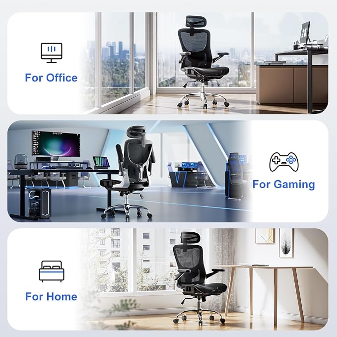 marrap Ergonomic Office Chair, Mesh Desk Chair with 3D Armrests, Adjustable Lumbar Support and Headrest, 90-120° Rocking Function, Black