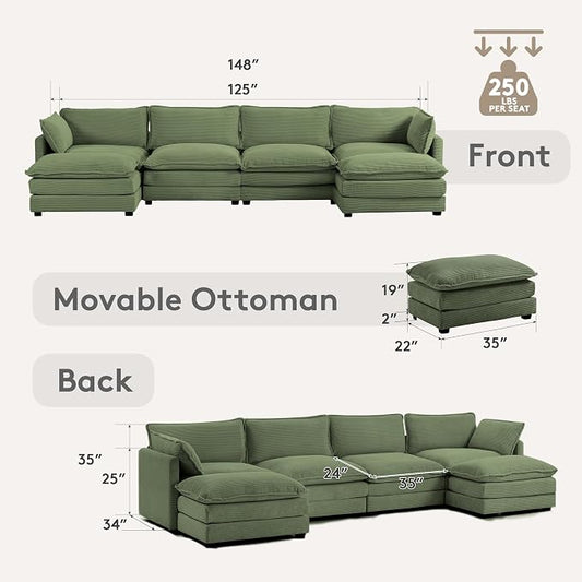 ROWHY 148'' Sectional Cloud Couch with 2 Ottomans, Oversized 4 Seat Sleeper Sofa with 2 Throw Pillows, Convertible Upholstered U Shaped Cozy Sofa Furniture Set for Living Room and Office, Green