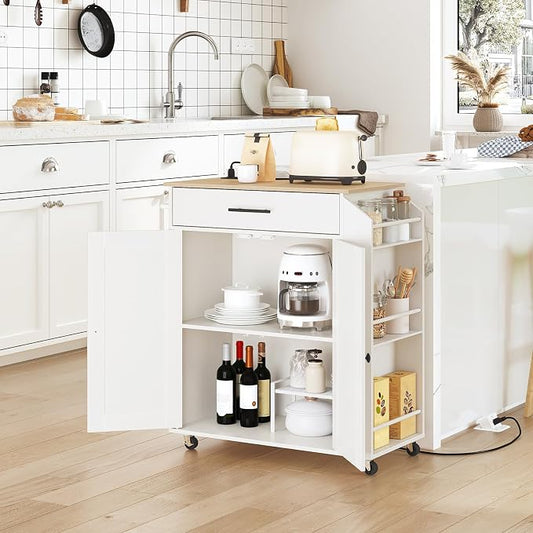 HOOBRO Kitchen Island with Power Outlet, Kitchen Storage Island with Spice Rack and Drawer, Rolling Kitchen on Wheels, for Home, Dining Room, Natural and White WN82UZD01G1