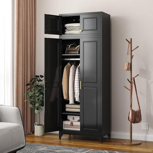 SteeLoong 86" Metal Armoire Wardrobe Closet with Doors,BlackTall Clothing Storage Cabinet with Adjustable Shelves and Hanging Rod,Wardrobe Closet for Bedroom,Home,Office,Gym