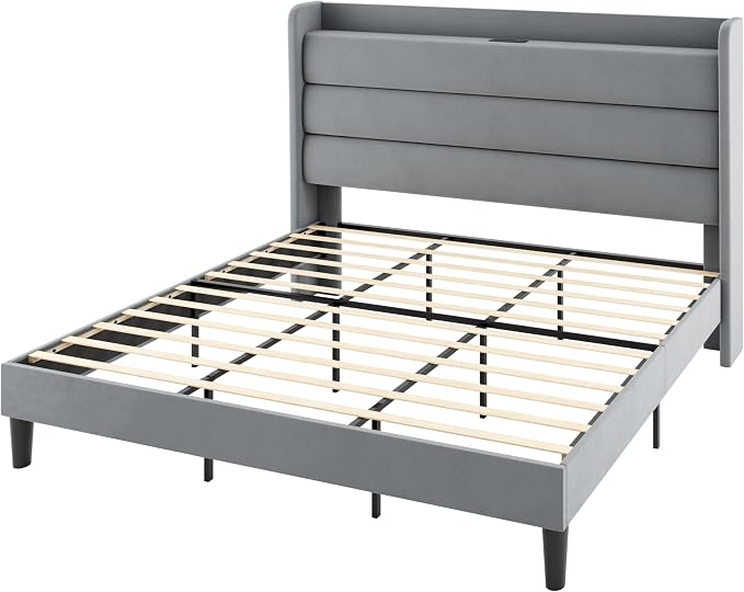 Allewie King Size Upholstered Bed Frame with Charging Station & Storage Headboard, Soft Velvet Wingback Platform Bed, Strong Wooden Slats Support, No Box Spring Needed, Easy Assembly, Light Grey