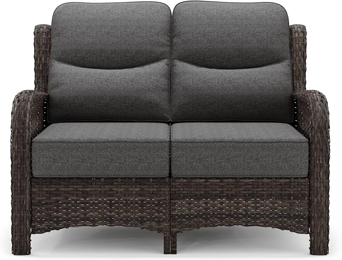 HILLGA Luxury Outdoor Furniture High Back Patio Sofa, Oversized Loveseat with 6'' Thick Cushions, Ideal for Porch, Poolside, Deck, and Yard (Dark Gray)