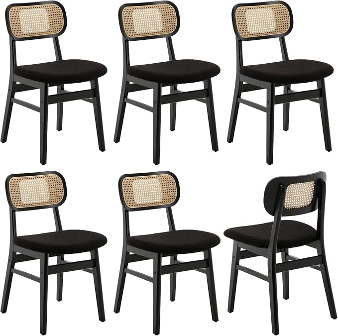 ROCITY Black Rattan Dining Chairs Set of 6 Lambswool Dining Room Chairs Natural Wooden Kitchen Chairs Farmhouse Boho Side Chairs