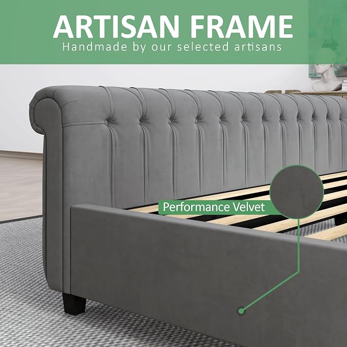AMERLIFE Queen Size Platform Bed Frame, Velvet Upholstered Sleigh Bed with Scroll Wingback Headboard & Footboard/Button Tufted/No Box Spring Required/Grey