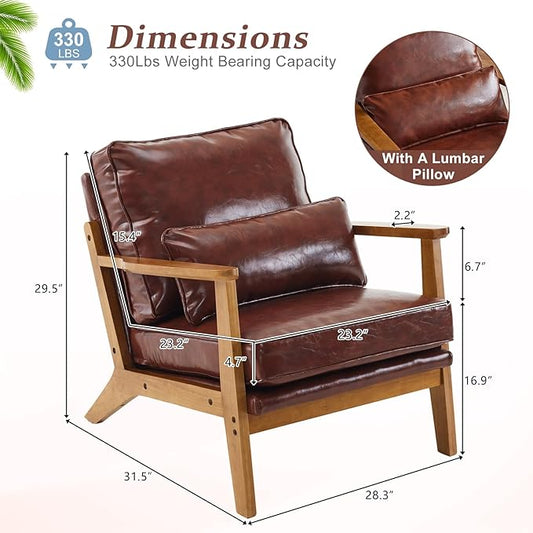 VINGLI Solid Wood Wide Armrests Accent Chair,Upholstered Mid Century Modern Chair with Pillow,Comfy Reading Chair Farmhouse Arm Chair,Chairs Living Room,Bedroom,Guest Room,PU Leather,Dark Brown
