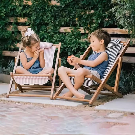 Children’s Vintage Sun Lounger Sling Chair | Wooden Frame with Canvas Fabric | Outdoor Folding Deck Chair for Kids Ages 5+ | Portable & Lightweight for Backyard, Poolside, or Beach (Tropical Bloom)