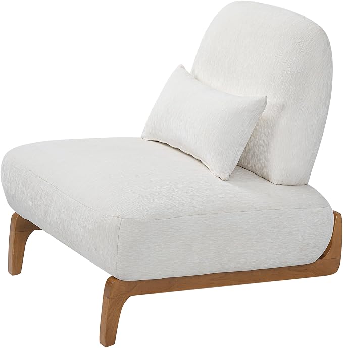 Merax Linen Accent Chair with Curved Wood Base and Lumbar Pillow, Off-White + Natural