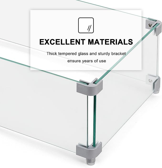 NUU GARDEN 27.6'' x 11.7'' x 6.5" Rectangular Fire Pit Wind Guard, Transparent Tempered Glass, Polished Aluminum Brackets, 3M Anti-Slip Pads, Fit for Best Choice 52-inch Fire Table WG01