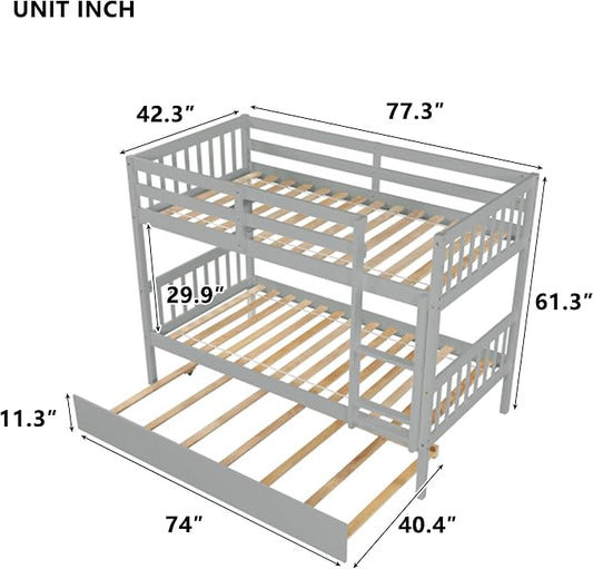 Merax Twin-Over-Twin Bunk Bed with Movable Trundle, Solid Wood Detachable Bunk Bed with Safety Guardrial and Ladder, Can be Converted Into 3 Separate Beds,Grey