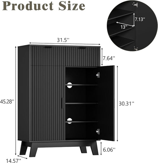 Shoe Cabinet Storage for Entryway with Doors, 4 Tier Fluted Shoe Organizer with 2 Drawers, Entryway Shoe Storage with Adjustable Shelves, Freestanding Hidden Shoe Rack for Front Door Entrance, Black