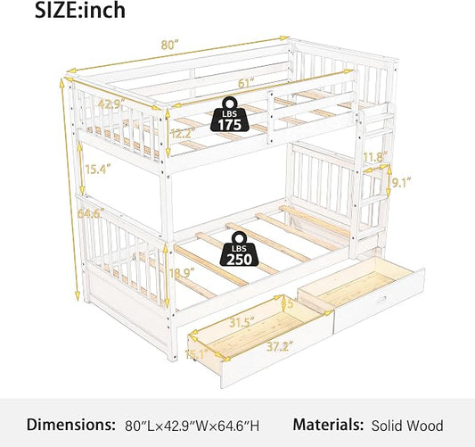 Merax Wood Bunk Bed with Drawers, Twin Over Twin Size Convertible Bunk Bed with Ladders and Two Storage Drawers,Solid Wood Detachable Bed Frame with Ladders, Walnut