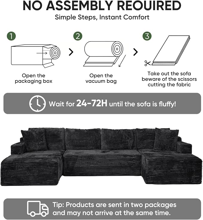 Boneless Couch, 127" Sofas for Living Room, U Shaped Couch with Chaise | Sectional Sofa, Cloud Couch Sectional with Cup Holders and Storage, Cloud Sofa with Deep Seat, Black, Corduroy, No Assembly
