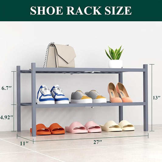 Smiry Bamboo Shoe Rack, 2 Tier Free Standing Wooden Shoe Organizer, Stackable Wood Shoe Storage Shelf for Closet, Entryway, 14 Vertical Slats, One-piece Heavy-Duty Legs, 26.8"x11"x13", Grey