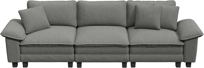 PHI VILLA Modular Couches Sets, 123.6" Cloud Sectional Sofa with Upholstered Deep Seat, 3-Seater Couch for Living Room Apartment, Corduroy Fabric, Grey