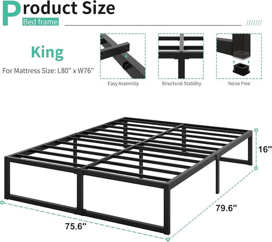 Lutown-Teen 16 Inch King Size Bed Frame Sturdy Mattress Foundation, Heavy Duty Metal Platform with Steel Slats Support No Box Spring Needed, Noise Free, Easy Assembly, Black