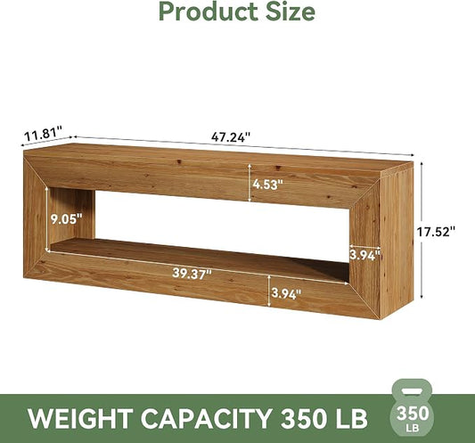 Solid Wood Entryway Bench, 47" Rustic Farmhouse Indoor Bench Seat with Storage Shelf for Entrance, Hallway, End of Bed (Light Brown)