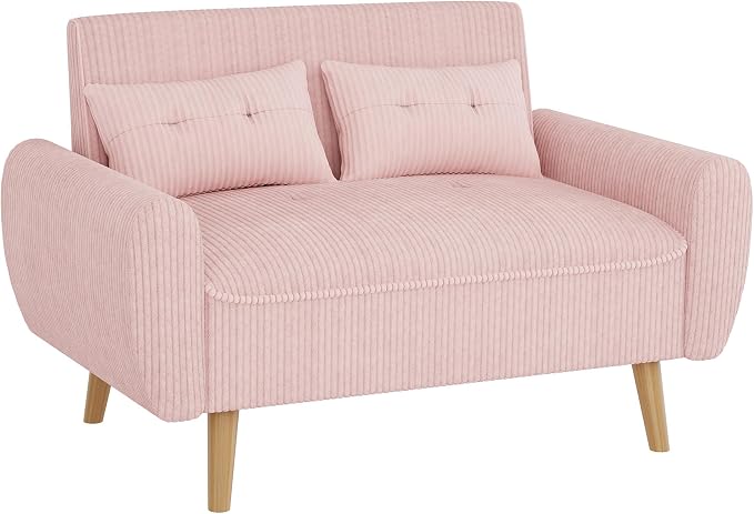 Shintenchi 48'' Loveseat Sofa, Mid-Century Modern Upholstered Couch Deep Seat with 2 Pillows, 10" Thick Cushion with Spring, Solid Wood Frame Small Couch for Living Room, Bedroom, Dorms & Office, Pink