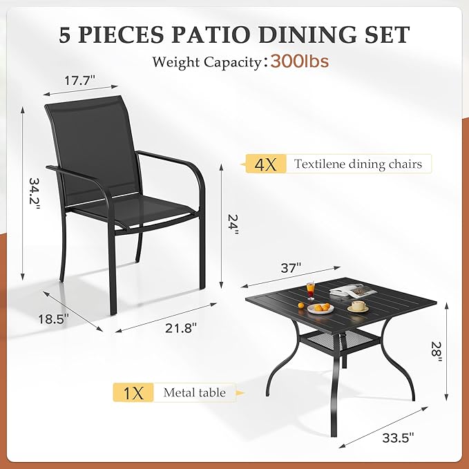 SUNCROWN 5 Pieces Outdoor Dining Set, Patio Furniture Set with 4 x Textilene Dinning Chairs and 1 Steel Slat Metal Bistro Table for Lawn Garden Backyard Poolside Deck, Black