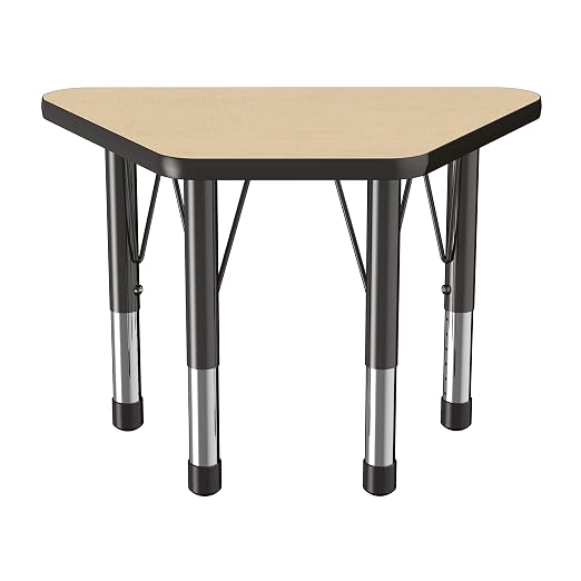 FDP Trapezoid Activity School and Classroom Kids Table (18 x 30 inch), Chunky Toddler Legs for Collaborative Seating Environments, Adjustable Height 15-24 inches - Maple Top and Black Edge