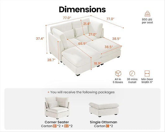 77" Oversized Chenille Couch Modular Sectional Sofa, Washable Cloud Couch Sectional with 2 Ottoman, 4 Seater Sectional Couches for Living Room, Fully Cover Removable, Chaise Lounge, Chenille, White