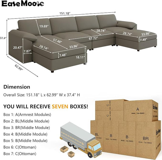 EASE MOOSE Oversized U Shaped Couch,Modular Sectional Convertible Sofa with Wide Deep,Extra Large Faux Leather Scratch Resistant Modern Couch for Big Spaces,Light Grey