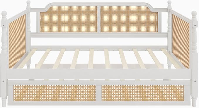Merax Twin Size Rattan Bed Frame with Twin Size Trundle, Wood Bedframe Daybed for Bedroom, Guest Room, Limited Space, No Box Spring Needed, Antique White