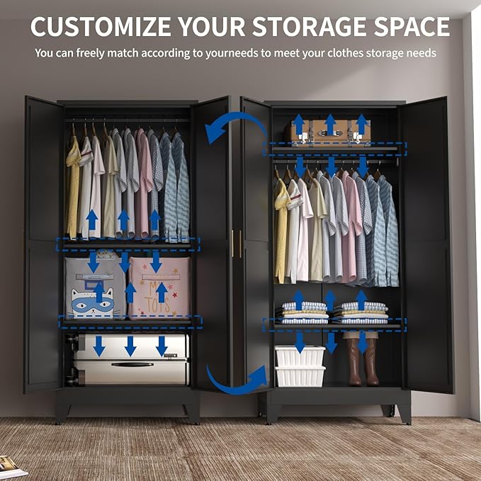 71" Heavy Duty Steel Armoire Wardrobe Closet, Black Metal Clothing Storage Cabinet with 2 Magnetic Doors & Adjustable Shelves, Waterproof Hanging Rod Cabinet