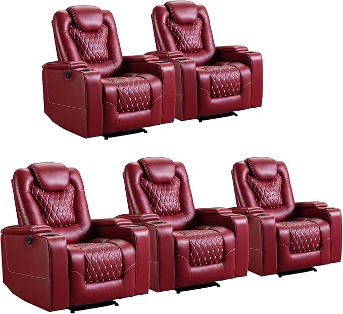 ANJ Power Recliner Chair Set of 5, Electric Soft Faux Leather Reclining Home Theater Seating - USB Ports, Cup Holders, Hidden Arm Storage Movie & Media Room Chairs (Red)