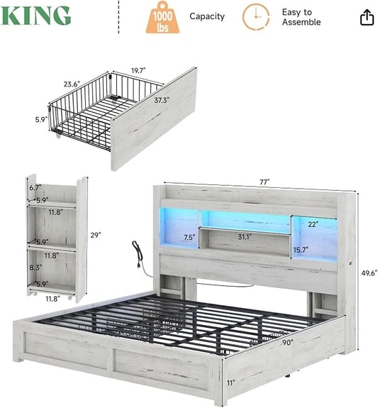 AMERLIFE King Bed Frame with 4 Storage Drawers, LED Bed Frame with 49.6" Tall Bookcase Headboard, Wood Platform Bed with 2 Slide Bedside Shelf & Charging Station, No Box Spring Needed/Distressed White