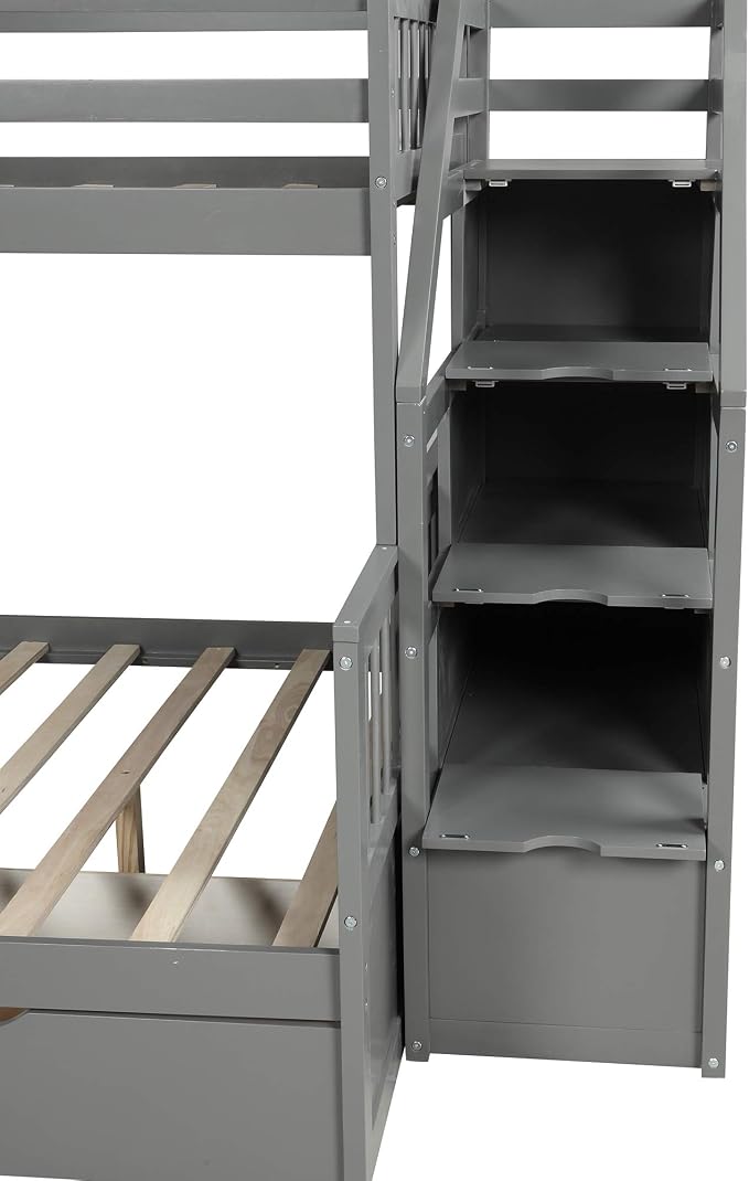 SOFTSEA Twin Over Full Bunk Bed with Storage Drawers Solid Wood Bunk Bed with Stairs and Safety Guardrail