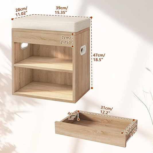 YMYNY Small Shoe Storage Bench with Cushion and Drawer, 2 Tier Adjustable Entryway Bench with Storage, Wooden Shoe Rack Bench for Entryway, Living Room, Hallway, Bedroom, Light Natural, HSC002R