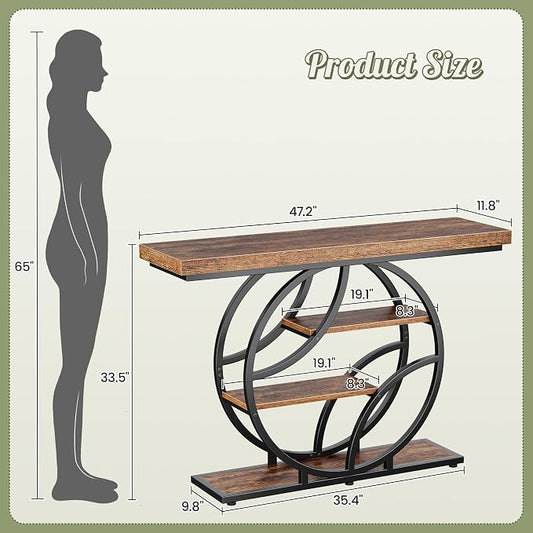 Huuger 47.2 Inch Entryway Table, Industrial Console Sofa Table with Storage, Accent Table with Shelves, for Entry, Hallway, Entrance, Foyer, O-Shaped Metal Frame, Rusitc Brown