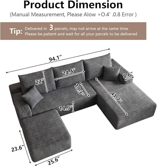 95" Cloud Sectional Couch U-Shaped Chaise with Ottoman, Corduroy Boneless Couch for Living Room Bedroom, Deep-Seat Upholstered Modular Cloud Sofa, No Assembly Required (Grey, Right Facing Chaise)