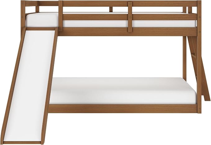 Grain & Grove Bear Twin Over Twin Bunk Bed with Slide, Low Bunk Bed Frame for Kids, Bunk with Ladder, Guardrail, and Slats, No Box Spring Required, Oak Embossed Pecan