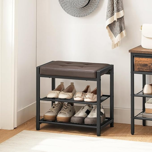HOOBRO Small Shoe Bench, 3-Tier Shoe Rack, Shoe Storage Bench with PU Seat Cushion, Entryway Shoe Rack Bench with Metal Mesh Shelves, Freestanding Shoe Organizer for Hallway, Brown CB33HX01