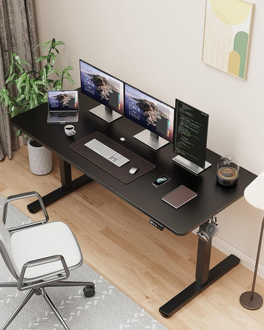 55" Electric Standing Desk Adjustable Height, Sit Stand up Desk for Home Office & Computer Workstation, 2 Memory Height Settings, Splice Board, 2 Hooks, Black Frame/Black Top