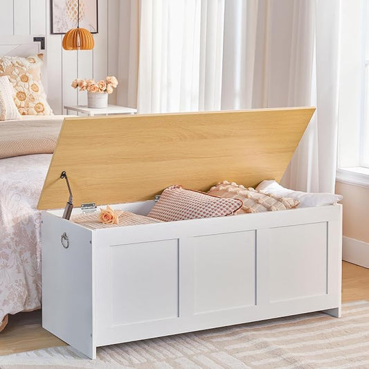 HOOBRO Storage Bench, 39.3" Retro Wooden Storage Chest, Wooden Storage Trunk, Toy Chest with Lift Top, Multifunctional Entryway Organizer, for Entryway, Living Room, White and Natural WN141CW01G1