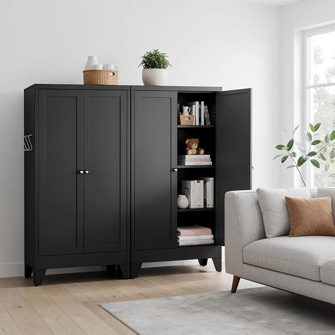 48" H Black Steel Pantry Storage Cabinet with 3 Adjustable Shelves | 4-Tier Tall Metal Cabinets for Kitchen, Living Room, Garage, Heavy Duty Freestanding Utility Cabinet, Assembly Required