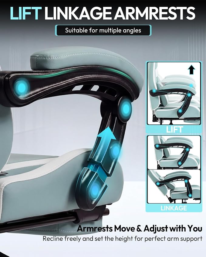 Dowinx Ergonomic Gaming Chair with Footrest & Massage Lumbar, 2D-Linkage Armrests for Computer Chair 330lbs with Headrest Pillow for Office, Home, Streaming and Long Gaming Sessions, Fabric Blue White
