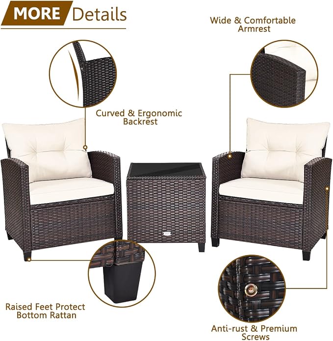 COSTWAY 3PCS Patio Furniture Set, PE Rattan Wicker Sofa w/Washable Cushion and Coffee Table, Tempered Glass Tabletop, Outdoor Conversation Set for Balcony, Porch, Yard, Backyard, Lawn, White