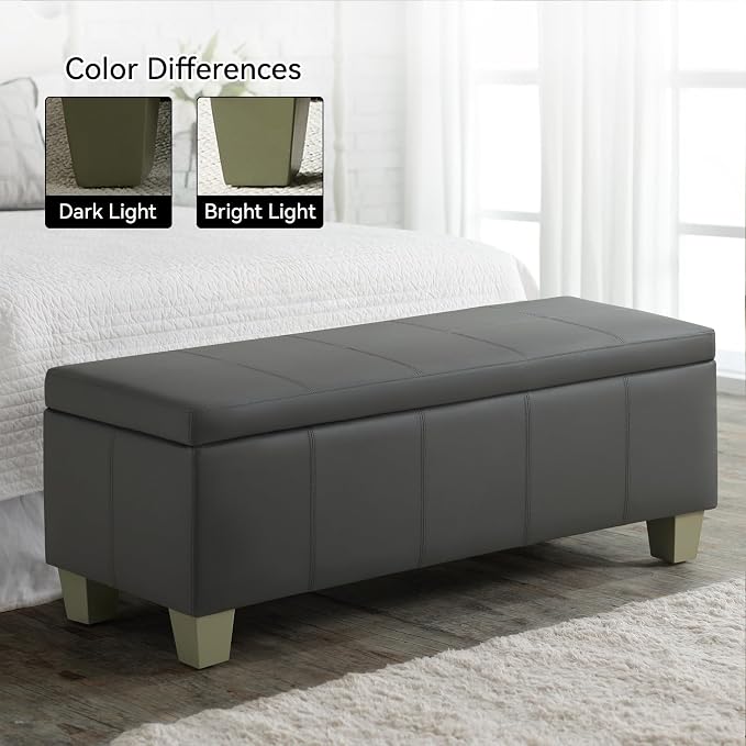WUTUTUEE 51" Faux Leather Storage Ottoman, Stitch Tufted Rectangle Upholstered End of Bed Storage Bench, Entryway Large Couch Ottoman with Wooden Legs,Dark Grey