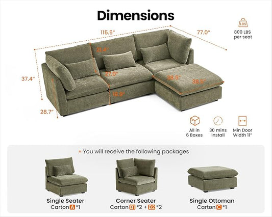 115" Oversized Chenille Couch Modular Sectional Sofa, Washable Cloud Couch Sectional with Ottoman, 4 Seater Sectional Couches for Living Room, Fully Cover Removable, L Shaped, Chenille, Green