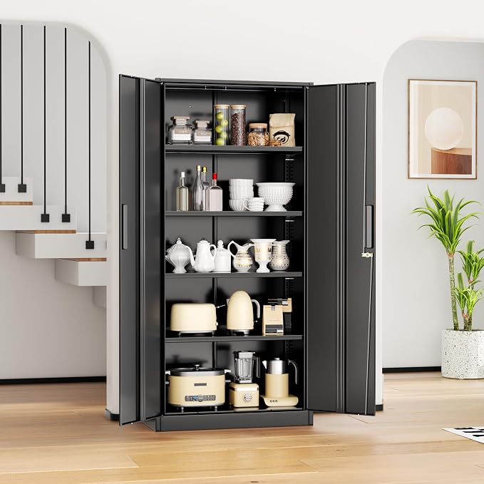 INTERGREAT Metal Storage Cabinet, 72” H Storage Cabinet with 2 Doors and 4 Adjustable Shelves for Office, Home, Garage, Pantry (Assembly Required, Black)